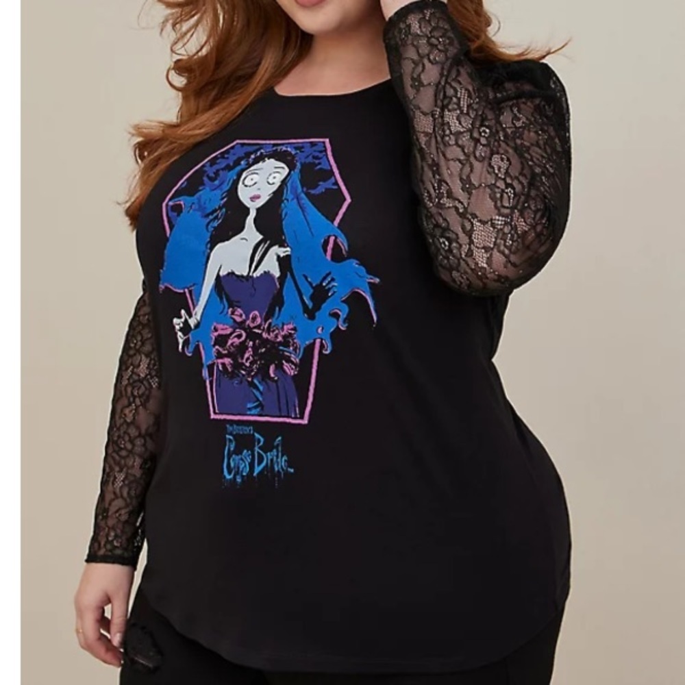 TORRID NWT WARNER BROS. CORPSE BRIDE HERITAGE COTTON PUFF SLEEVE TOP. HALLOWEEN